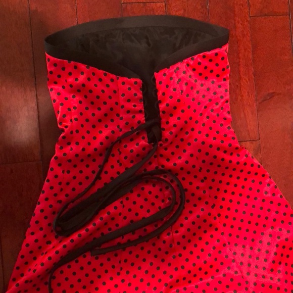 Dress strapless with lace up back Red black polkadot pinup prom satin - Picture 3 of 6